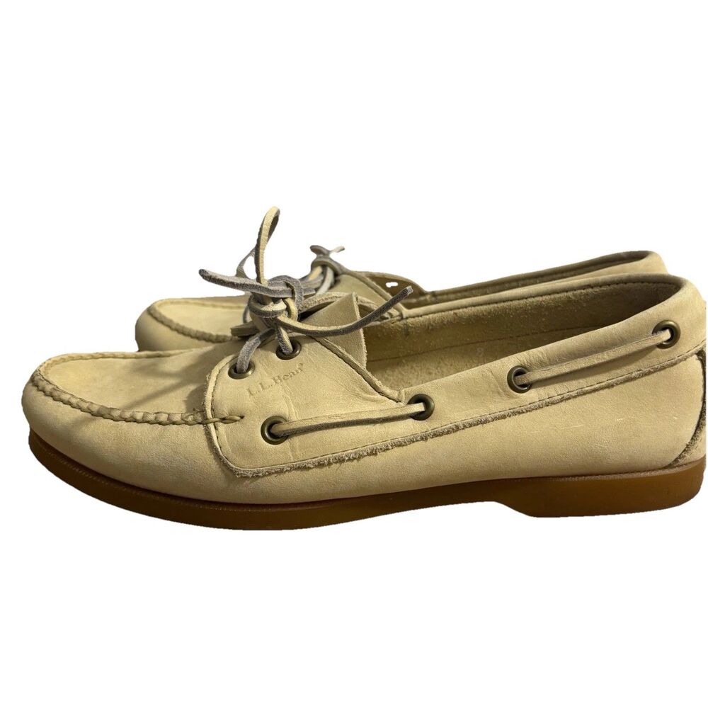LL Bean Signature Boat Shoes Men’s Sz 8 Cream Loafers Moc Toe Preppy Classic